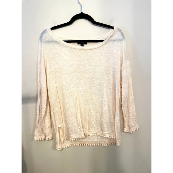J. Crew | Women's Light Peach Pink 100% Linen Pom Pom Trim Sweater Medium - Picture 1 of 6